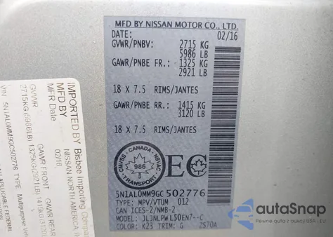 2016 Infiniti Qx60 z USA, uszkodzony, nr VIN 5N1AL0MM9GC502776